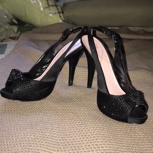 Black peep toe rhinestone heels